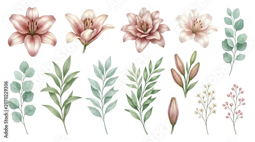 Watercolor floral elements with pink lilies and green leaves isolated on transparent background