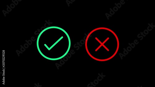 Pop up green check mark and red cross icon symbol on black background. Check box with right and wrong buttons and yes or no animation concep