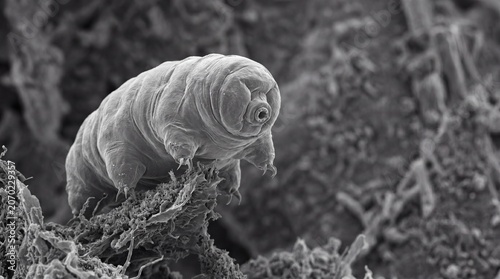 Microscopic tardigrade water bear crawling on moss in scanning electron micrograph