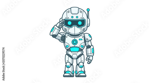 Futuristic soldier robot character giving a military salute.