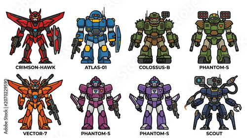 Futuristic mecha robot warriors with various battle armor.