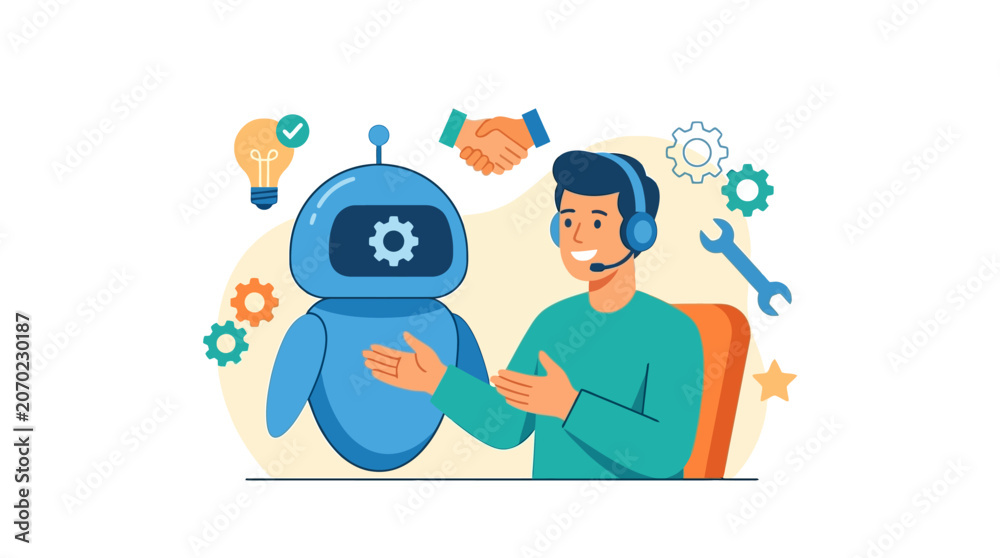Fototapeta premium Customer service agent and AI robot providing technical helpdesk solutions flat design vector illustration