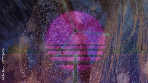 Abstract neon pink circular sun and wind turbine digital graphic overlay