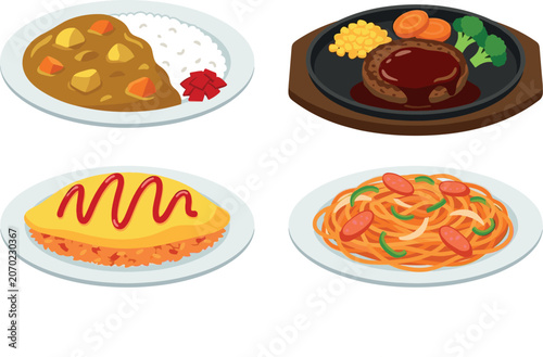 Japanese Yoshoku Comfort Food Vector Set with Omurice Hamburg Steak Curry Rice and Napolitan Spaghetti Illustrations for Western Style Izakaya Restaurant Menus