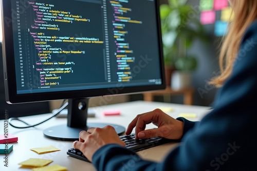 Focus on a Web Developer's Hands Typing on a Large Monitor Showcasing Website Accessibility Features, Surrounded by Sticky Notes and Guidelines in the Workspace.