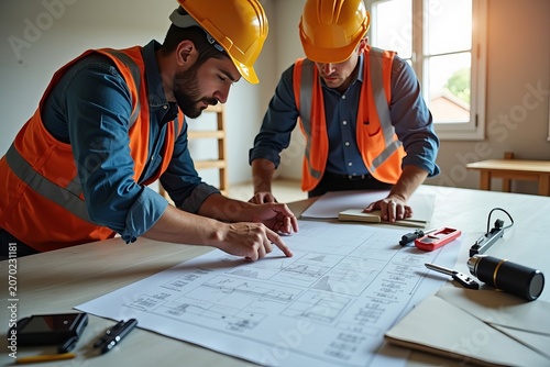 Document a Candid Exchange Between Contractor and Adjuster Reviewing Blueprints and Damage Assessments Amidst Tools and Construction Materials On-Site