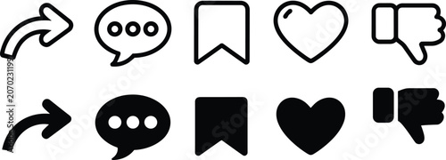Photos Social media button icon set with share comment bookmark heart and dislike linea