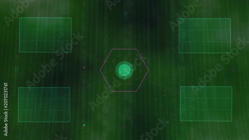 Digital HUD Interface With Hexagon Graphic Over Green Matrix Code Data
