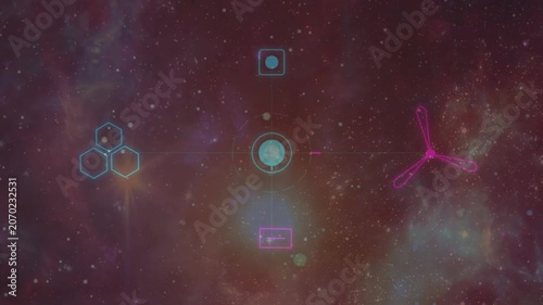 Futuristic digital interface overlay with geometric icons in deep space