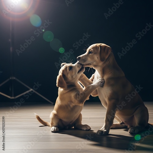 Two Puppies Playing Together On Wood Floor.