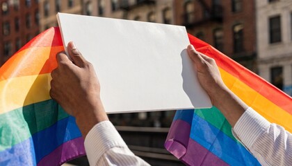 Diversified Group of People Celebrating Pride Month with Blank White Signage and Colorful Rainbow Flags, Expressing Support for LGBTQ+ Rights and Inclusivity in a Joyful and Bright Urban Setting.