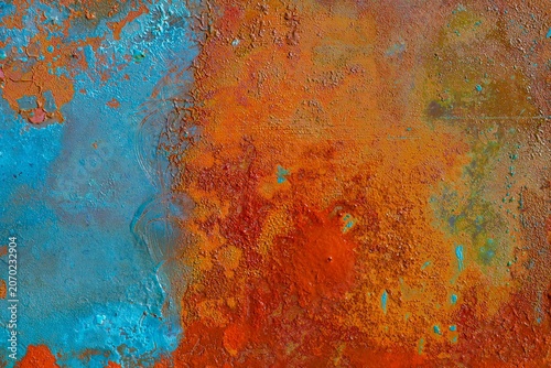 Принти на полотні Vivid copper patina texture with turquoise verdigris and bright orange oxidation