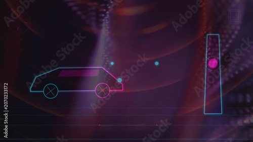 Neon car outline driving through a futuristic digital data environment