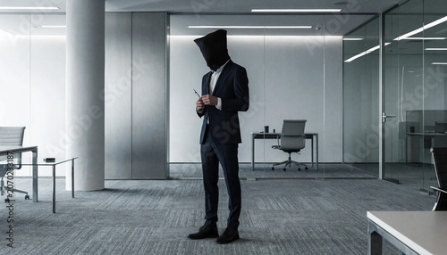 Elite unrecognizable corporate leader standing in a minimalist gray office space, wearing a premium suit, representing professional authority, business ethics, and sophisticated management style.