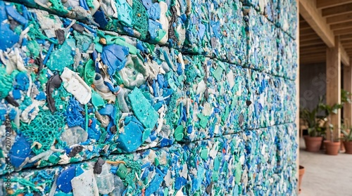 Textured wall of colorful compressed recycled plastic blocks for eco-friendly building material