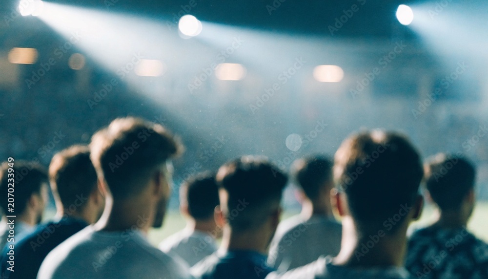 Obraz premium Blurred group of spectators viewed from behind under intense stadium spotlights, capturing shared anticipation, athletic event atmosphere, teamwork, competition, and immersive crowd energy