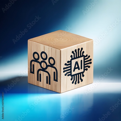 Conceptual wooden cube displays human icons and artificial intelligence chip symbol