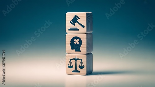 Three wooden blocks stacked vertically with icons representing justice intellect and legal decisions