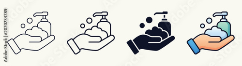 Hand washing with soap dispenser and foam icon set