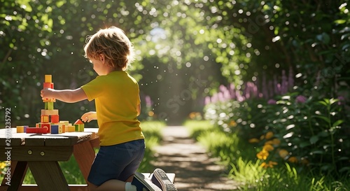 Joyful Child Playing Outdoors in Sunny Garden Park.
