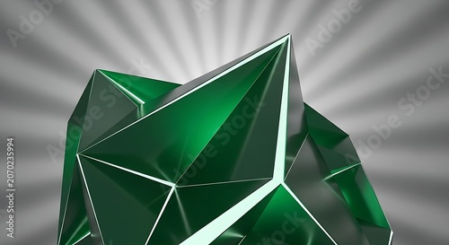Green geometric crystal prism with glowing edges on a sunburst background