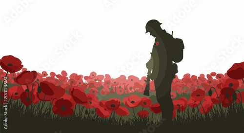 фотографія A lone soldier stands in a vast field of red poppies, head bowed in reflection