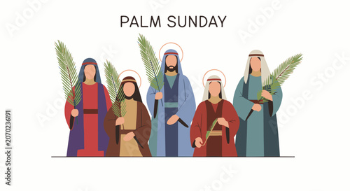 Schilderij op canvas A flat illustration depicts five stylized figures with halos holding palm branches, above the text PALM SUNDAY