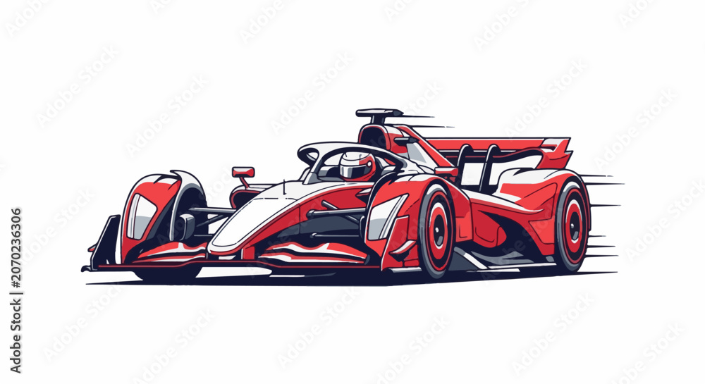 Naklejka premium A dynamic red and white racing car speeds across a white background