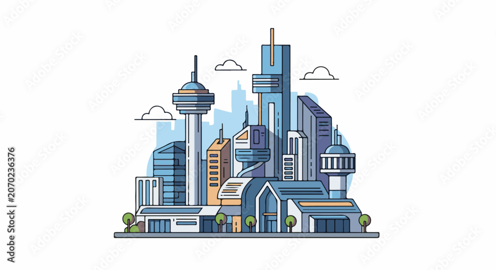 Fototapeta premium A futuristic cityscape featuring diverse modern buildings and a clear sky