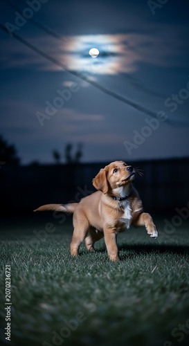 Golden Retriever Puppy Playing in Moonlit Field at Night.