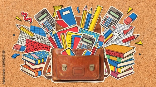 Retro school supplies exploding from leather satchel in pop-art collage style on corkboard