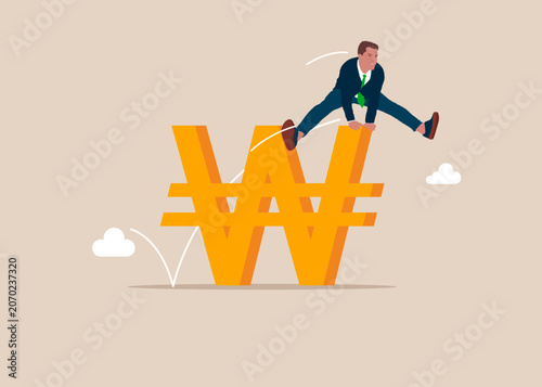 Businessman jumping over on South Korean Won Currency Symbol. Worker employee overcome barrier solve trouble. Korean Won price soaring sky high hit new high record concept. Challenge concept. Vector.