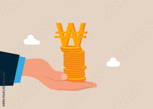 Hand holding pile of coins and South Korean Won Currency Symbol. Business strategy, investment, wealth, management, marketing. Korean money. Currency. Flat vector illustration