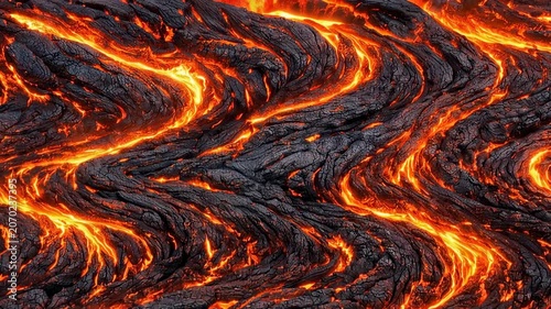 Flowing molten lava texture with glowing magma streams and volcanic rock abstract background pattern