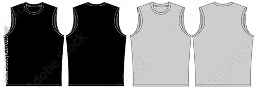 Men's Sleeveless Tank Top T-Shirt Mock up Template Front and Back View, Black and Gray Athletic Sports Vest Apparel Vector Illustration