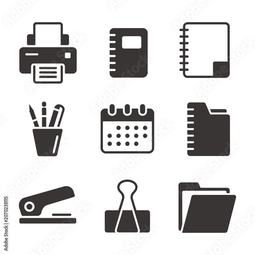 Flat Lay Office Supplies and Technology Icons on White Background Minimalist Design