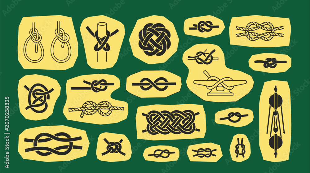 Fototapeta premium Maritime rope knots ancient navigation tying diagrams minimal vectors series showcasing sailor knot symbols harbor patterns nautical binding structures