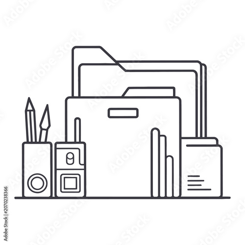 Flat Lay Office Supplies and Laptop on Minimalist Desk Setup Line Art Illustration