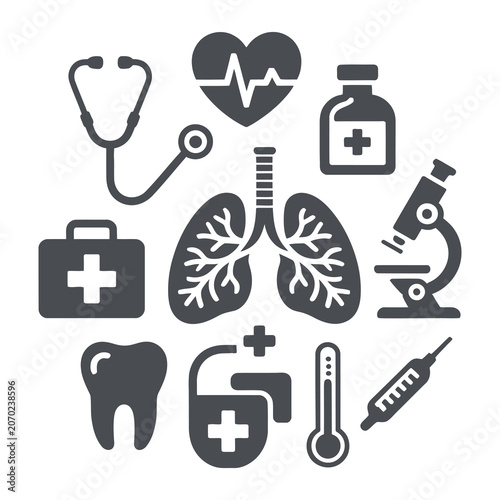 Flat lay medical healthcare icons set with stethoscope syringe lungs tooth thermometer and first aid kit