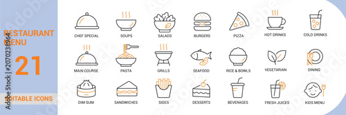 Restaurant Menu Line Icon Set Featuring Food Categories, Dining Services, Beverages, Cuisine, and Hospitality Vector Symbols Collection