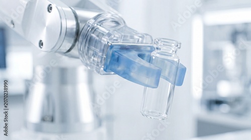 Robotic arm with soft gripper holding glass vial in pharmaceutical cleanroom