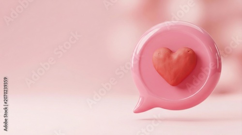 A glossy pink speech bubble icon featuring a stylized red heart in its center floats