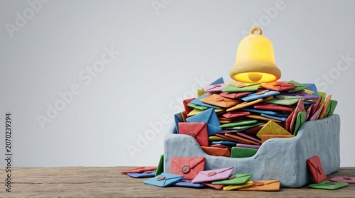 A light blue desk tray sits on a wooden surface, completely filled and overflowing with dozens