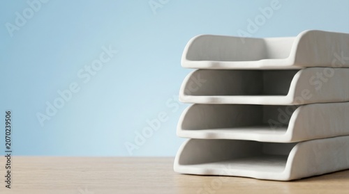 A stack of four empty light grey document sorting trays sits on a light wooden