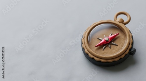 A pocket compass sits on a textured light grey background. The compass body is a golden