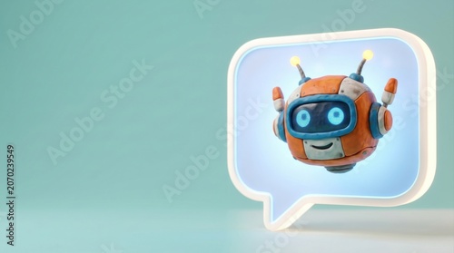 A cute orange and blue robot head floats inside a glowing white speech bubble against