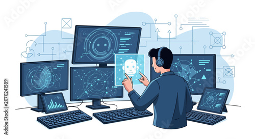 Man Interacting with Futuristic Face Recognition Technology on Multiple Screens.