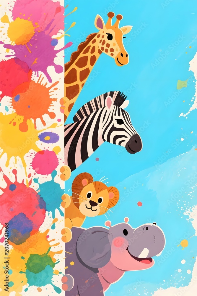 Fototapeta premium Color Splash Safari Animals Peeking from Artistic Vertical Paint Background