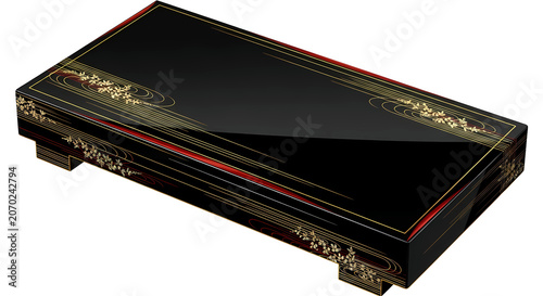 Lacquerware (Shikki) Style. a sushi serving board, featuring gold or silver metallic accents on a black lacquer field, in a palette of deep urushi black, polished gold, hints of red lacquer
