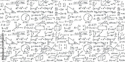 Tableau sur toile Seamless math formula and number pattern background with science doodles educati